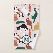 ピンク魅力的色の背景に手書き猫 バスタオルセット (ハンドタオル)