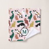 ピンク魅力的色の背景に手書き猫 バスタオルセット (ウォッシュタオル)