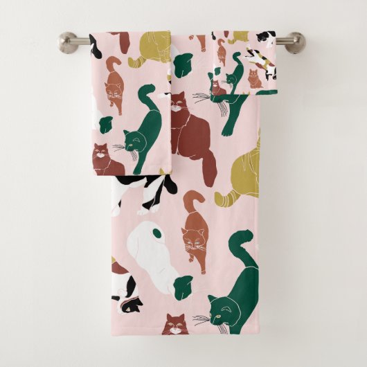 ピンク魅力的色の背景に手書き猫 バスタオルセット (インサイチュ)