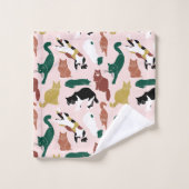 ピンク魅力的色の背景に手書き猫 バスタオルセット (ウォッシュタオル)