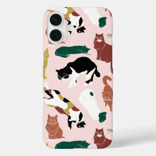 ピンク魅力的色の背景に手書き猫 iPhone 16 PLUSケース