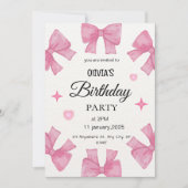 ピンク魅力的誕生日招待状とボーエレガントー シーズンカード (正面)