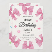 ピンク魅力的誕生日招待状とボーエレガントー シーズンカード (正面/裏面)