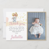 ピンク魅力的象フォトファースト誕生日ガール サンキューカード (正面)