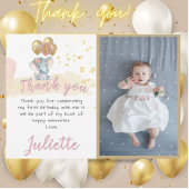 ピンク魅力的象フォトファースト誕生日ガール サンキューカード