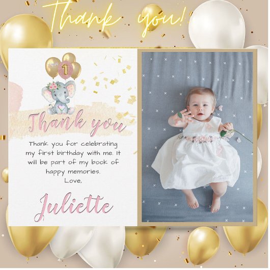 ピンク魅力的象フォトファースト誕生日ガール サンキューカード