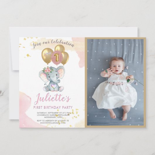 ピンク魅力的象フォトファースト誕生日ガール 招待状 (正面)