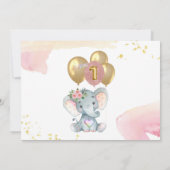 ピンク魅力的象フォトファースト誕生日ガール 招待状 (裏面)