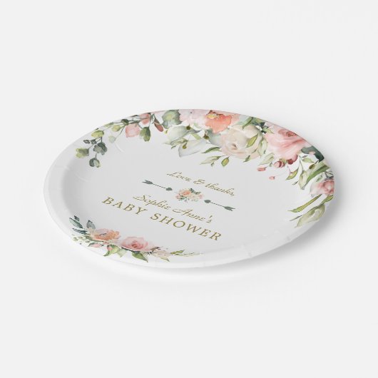 ピンク魅力的赤面クリーム花赤ちゃんシャワー ペーパープレート (アングル)