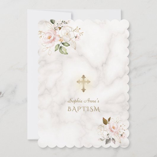 ピンク魅力的赤面金ゴールド花大理石バプテスマ 招待状 (裏面)