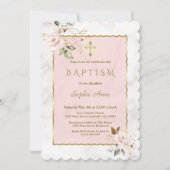ピンク魅力的赤面金ゴールド花大理石バプテスマ 招待状 (正面)