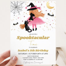 ピンク魔女のハロウィン誕生日招待状