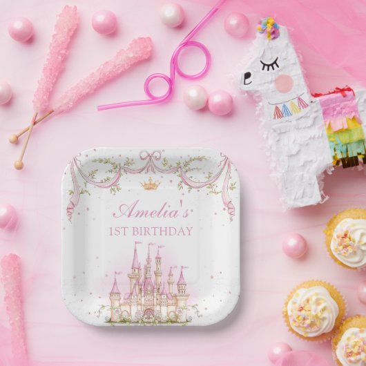 ピンク魔法プリンセスキャッスル誕生日紙プレート ペーパープレート (パーティー)