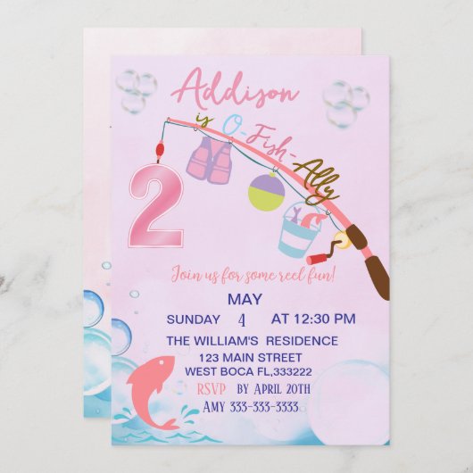 ピンク魚釣り2nd誕生日O-Fish-Ally二誕生日 招待状 (正面/裏面)
