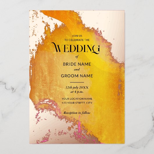 ピンク鮮やかとオレンジのテクスチ結婚ャ 箔招待状 (正面)