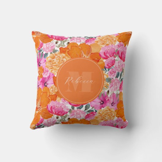 ピンク鮮やかとオレンジのフローラガーデン名前をカスタムする クッション (裏面)