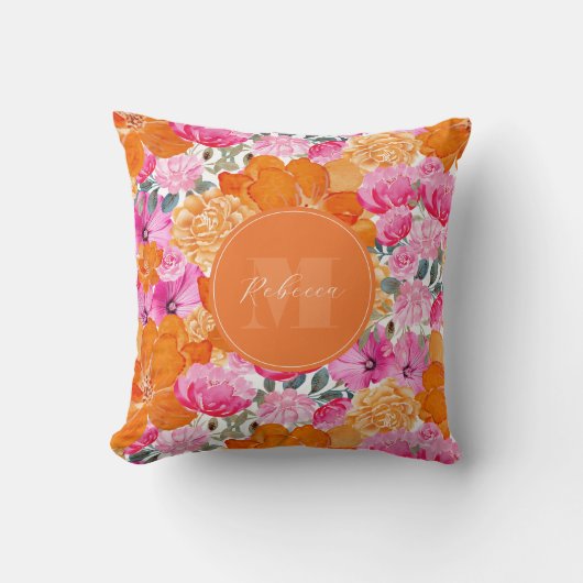 ピンク鮮やかとオレンジのフローラガーデン名前をカスタムする クッション (正面)