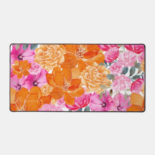 ピンク鮮やかとオレンジのフローラガーデン名前をカスタムする デスクマット (正面)