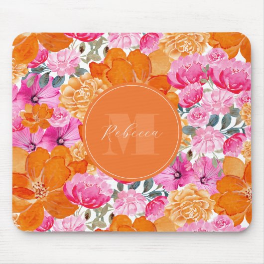 ピンク鮮やかとオレンジのフローラガーデン名前をカスタムする マウスパッド (正面)