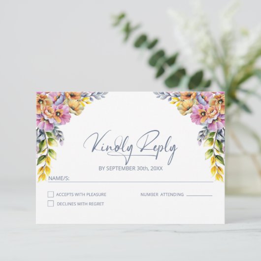 ピンク鮮やかとオレンジのフローラ結婚の 出欠カード (スタンド正面)