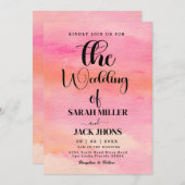 ピンク鮮やかとオレンジの水の色結婚の出現 招待状 (正面/裏面)