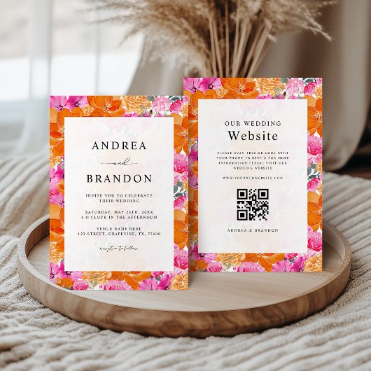 ピンク鮮やかとオレンジの水色のフローラ結婚の 招待状