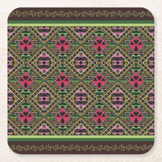 ピンク鮮やかとグリーンの抽象芸術ファブリックアート スクエアペーパーコースター