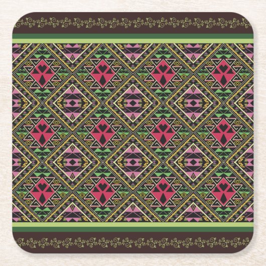ピンク鮮やかとグリーンの抽象芸術ファブリックアート スクエアペーパーコースター (正面)