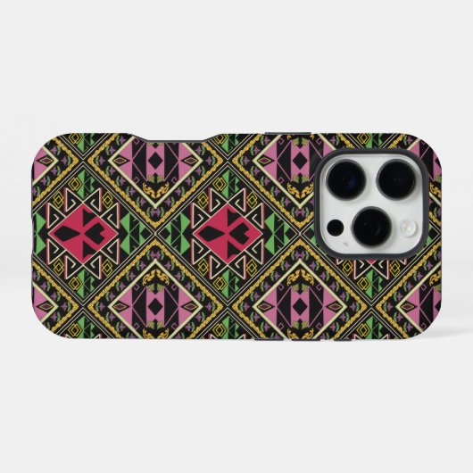 ピンク鮮やかとグリーンの抽象芸術ファブリックアート iPhoneケース (裏面横)