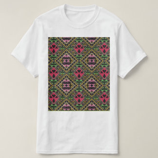 ピンク鮮やかとグリーンの抽象芸術ファブリックアート Tシャツ