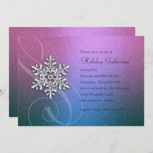 ピンク鮮やかとティール（緑がかった色）スノーフレークホリデーパーティー 招待状 (正面/裏面)