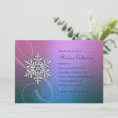 ピンク鮮やかとティール（緑がかった色）スノーフレークホリデーパーティー 招待状 (スタンド正面)