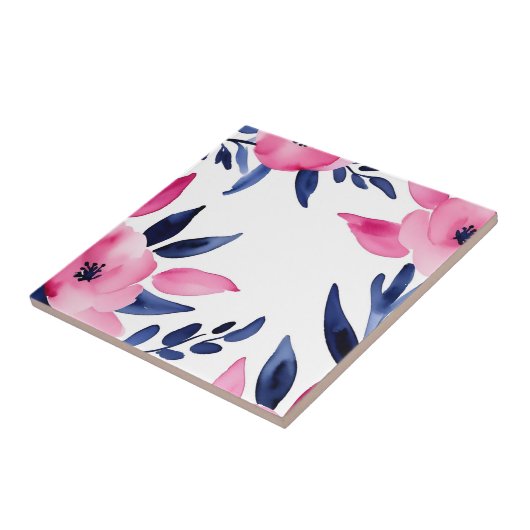 ピンク鮮やかとネイビーの水色の花 タイル (側面)