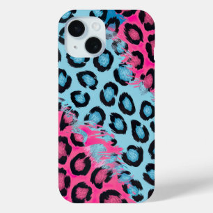 ピンク鮮やかとブルーのヒョウ柄 iPhone 15ケース