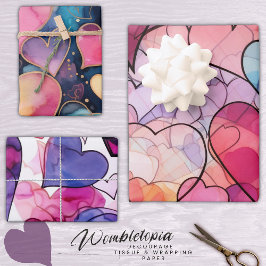 ピンク鮮やかとブルーの水色抽象芸術ハート ラッピングペーパーシート