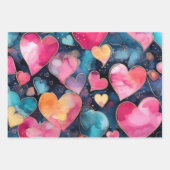 ピンク鮮やかとブルーの水色抽象芸術ハート ラッピングペーパーシート (正面2)
