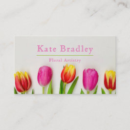 ピンク鮮やかと緑のチューリップ花の名刺 名刺
