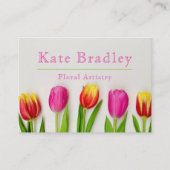 ピンク鮮やかと緑のチューリップ花の名刺 名刺 (正面)