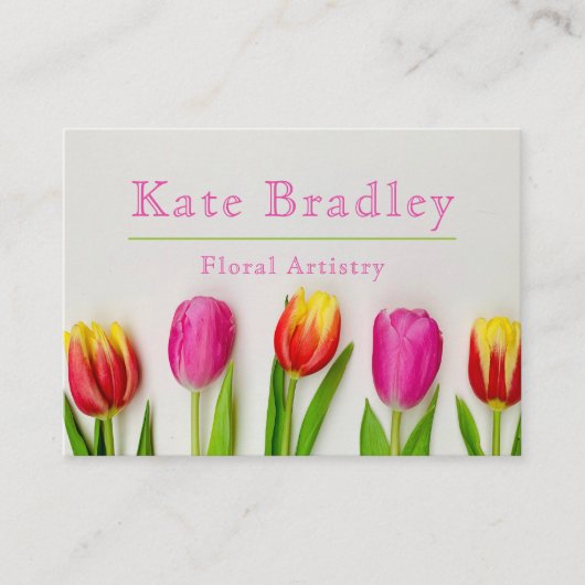 ピンク鮮やかと緑のチューリップ花の名刺 名刺 (正面)