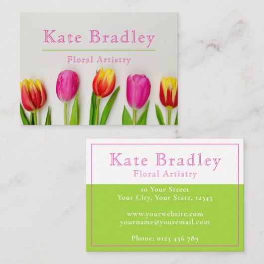 ピンク鮮やかと緑のチューリップ花の名刺 名刺 (正面/裏面)