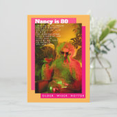 ピンク鮮やかと黄色の写真シニア誕生日 招待状 (スタンド正面)