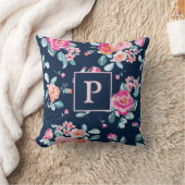 ピンク鮮やかのバラ花の模様モノグラム クッション (ブランケット)