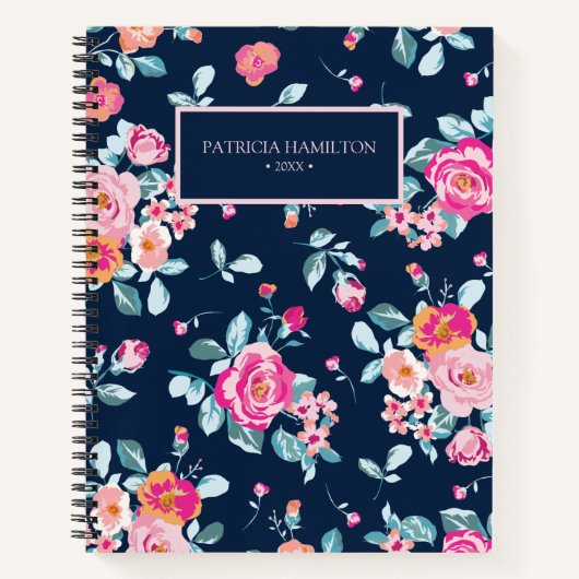 ピンク鮮やかのバラ花柄 ノートブック (正面)