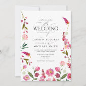 ピンク鮮やかの水彩フローラ庭園の結婚式 招待状 (正面)