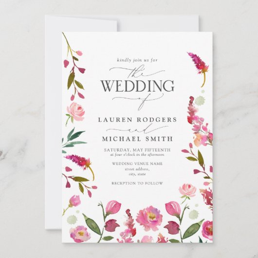 ピンク鮮やかの水彩フローラ庭園の結婚式 招待状 (正面)