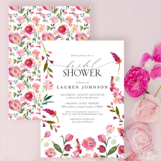 ピンク鮮やかの水彩花ブライダルシャワー 招待状