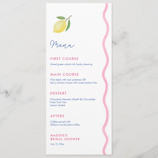 ピンク鮮やかの波線レモンベビーシャワーパーティー メニュー (正面)