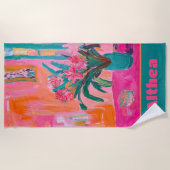 ピンク鮮やかの花の花瓶 ビーチタオル (正面)