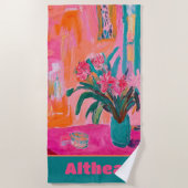 ピンク鮮やかの花の花瓶 ビーチタオル (正面)