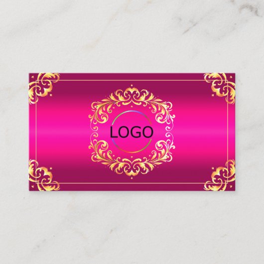 ピンク鮮やかの金ゴールド華美ロゴ写真とQRコード 名刺 (正面)